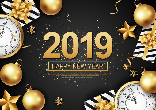 Happy New Year 2019.Black background with gold glitter confetti splatter texture. vector illustration