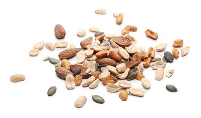 Healthy food mix of salted and spicy peanuts, sunflower and pumpkin seeds, almonds isolated on white background