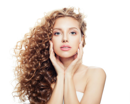 Beautiful spa woman with healthy skin and perfect wavy hair isolated