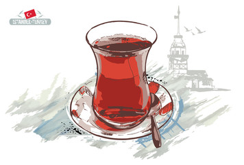 A cup of black tea and The Maiden's Tower (Kiz Kulesi) on a white background. Turkey city design. Hand drawn illustration.