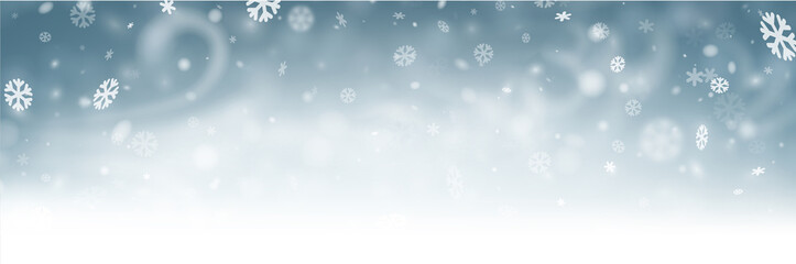 Fototapeta na wymiar Grey shiny winter banner with snowflakes, wind and blizzard.