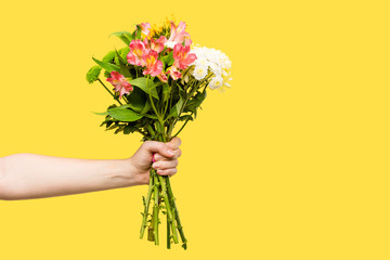 Fototapeta premium cropped shot of person holding beautiful bouquet of flowers isolated on yellow