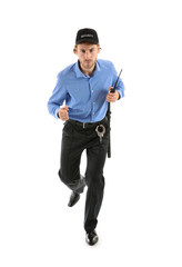 Running security guard on white background