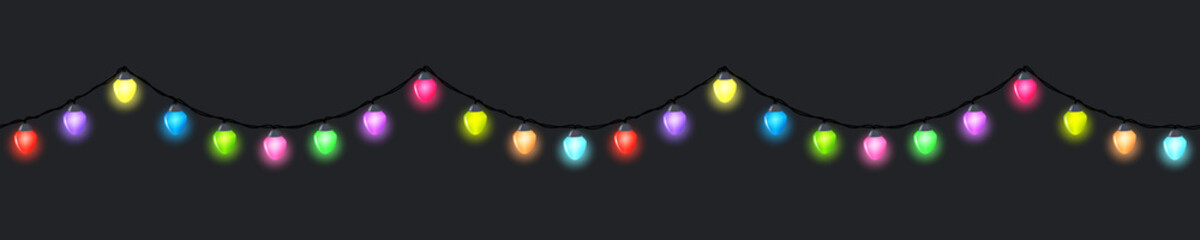 Seamless festive bright colored glowing garland on a dark background , Christmas decorations, vector illustration