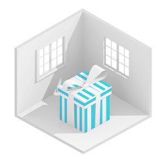 3d isometric rendering illustration of blue striped gift box in white empty room