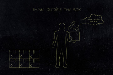 think outside the box  pile of parcels and man next to them holding one open box with thought bubble popping out