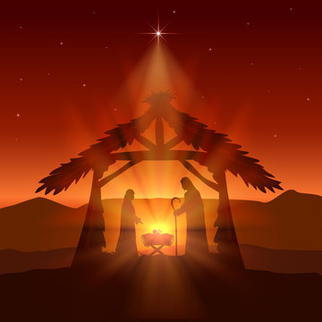 Christian Christmas with Birth of Jesus and Star on Night Background