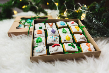 Homemade gingerbread christmas cookies advent calendar on white background in gift boxes