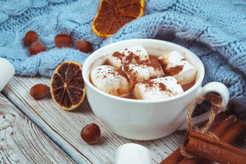 Hot chocolate with marshmallows on the table