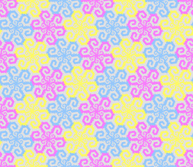 Colorful mosaic from snowflakes in techno style. Seamless pattern.