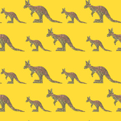 Vector seamless pattern in Mondriaan (Mondrian) style big and small pink kangaroo on a bright yellow background