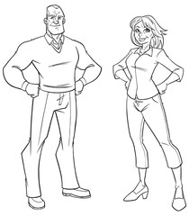 Cartoon line art illustration of senior couple on white background.