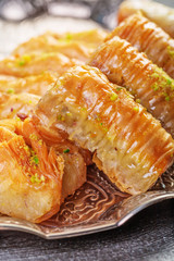 baklava fresh on a plate, baklava served with pistachio