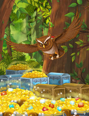 cartoon summer scene with deep forest and treasure and flying owl - nobody on scene - illustration for children