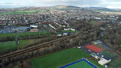 Aerial image over the town of Milngavie, Glasgow, Scotland.