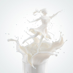 Splash of milk in form of Girl or woman gymnast or dance, sport girl, clipping path. 3D...