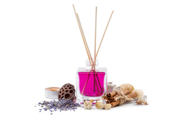 bottle of aroma essential oil or spa or natural fragrance oil with dry flower