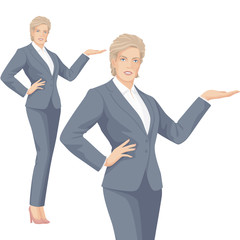 Business Woman with Smile. Pointing to element.
