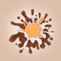 Obraz premium milk and chocolate with caramel splash isolated on background, Include clipping path. 3d illustration.