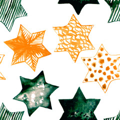 Obraz premium Seamless Watercolor Stars Pattern. Magic Festive Background. Hand Drawn Doodle Stars. Baby Design. Abstract Rapport for Wallpaper, Textile, Linen, Wrapping, Posters, Cards, Banner. New Year, Birthday 