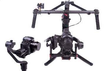 Systems stabilization video camera and lens on steady equipment support such as gimbal steady or stabilized. White background