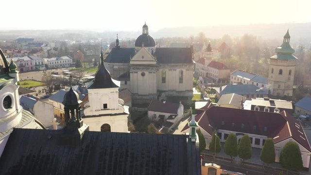 Aerial view of the historical center of Zhovkva, Lviv region, Ukraine. Shooting with drone