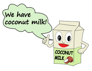 Vector of a coconut milk box. Animated cartoon with face, thumb up and speech balloon with phrase "We have coconut milk!". Suitable to add dialogue.