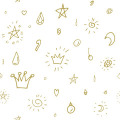 Collection of christmas festive decorations, modern flat design. Seamless pattern. Endless texture. Can be used for printed materials.  Winter holiday background. Hand drawn design elements. 