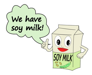 Vector of a soy milk box. Animated cartoon with face, thumb up and speech balloon with the phrase "We have soy milk!". Suitable to add dialogue.