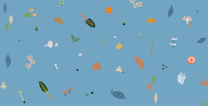 Natural Foods and Plants Illustration on Blue Background Pattern 