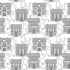 Set of Monochrome houses. Flat style Vector Seamless Pattern.