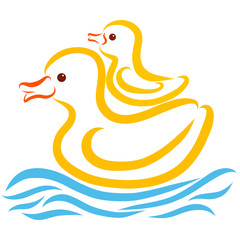 Mother duck swims with a little duckling on the waves