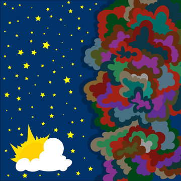 Abstract doodle style drawing of night sky and sun and storm