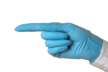 Woman doctor's hand shows finger to the side on white isolated background. hand gestures
