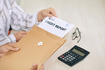 Crop shot of bank worker consulting client and showing papers of credit report sitting at table