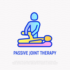 Passive joint therapy thin line icon: physiotherapist warms up knee of man. Modern vector illustration of physiotherapy rehabilitation.