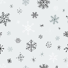 Collection of Christmas snowflakes, modern flat design. Seamless pattern. Endless texture. Can be used for printed materials.  Winter holiday background. Hand drawn design elements. Festive card.