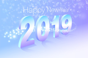 Happy New Year 2019 with abstract background and bokeh. Sparkling stars surround the character. Vector EPS file