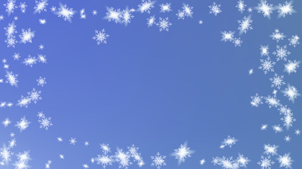 Flying snow background. Bbright, White, Shimmer, Glowing, Scatter, Falling on a Blue background. Festive illustration for christmas card.