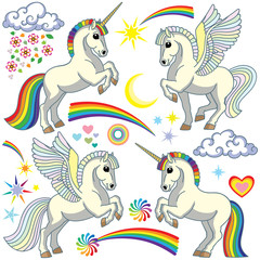 cartoon unicorn and pegasus set. Collection of magic white pony horse and rainbow dreams elements. Isolated vector illustration for baby and little kid
