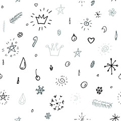 Collection of christmas festive decorations, modern flat design. Seamless pattern. Endless texture. Can be used for printed materials.  Winter holiday background. Hand drawn design elements. 