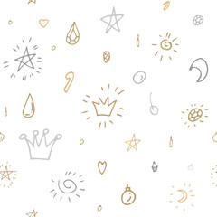 Collection of christmas festive decorations, modern flat design. Seamless pattern. Endless texture. Can be used for printed materials.  Winter holiday background. Hand drawn design elements. 