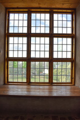 Wooden and glass window overlooking a garden