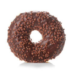 Sweet donut with chocolate icing and sprinkling close up on white isolated background