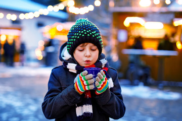 Little cute kid boy drinking hot children punch or chocolate on German Christmas market. Happy...