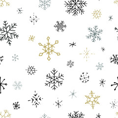 Collection of Christmas snowflakes, modern flat design. Seamless pattern. Endless texture. Can be used for printed materials.  Winter holiday background. Hand drawn design elements. Festive card.