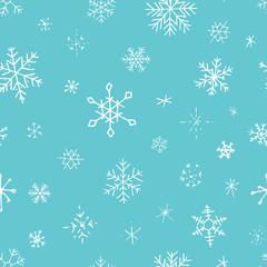 Collection of Christmas snowflakes, modern flat design. Seamless pattern. Endless texture. Can be used for printed materials.  Winter holiday background. Hand drawn design elements. Festive card.
