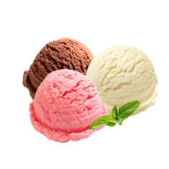 Strawberry, vanilla, chocolate different flavor ice cream scoops side view on white background