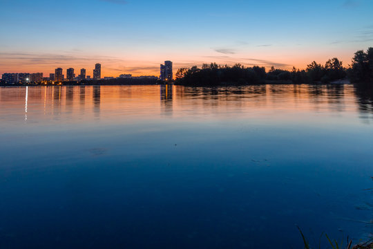 skyline at sunset in strogino moscow