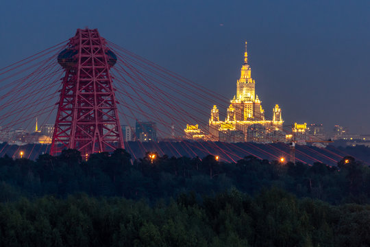 Bridge and  Moscow University at  night, Russia